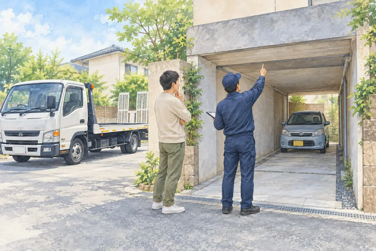 駐車場の入口や作業スペースを確認するイラスト