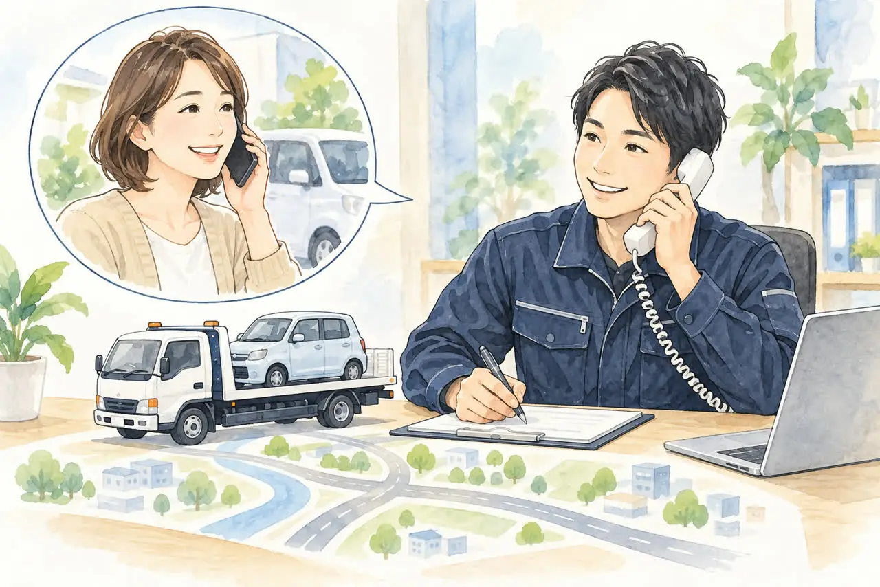 車の所在地と引き取りの対応範囲を電話で相談するイラスト