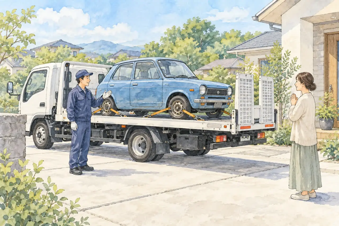 駐車場から車を積載車で引き取るイラスト