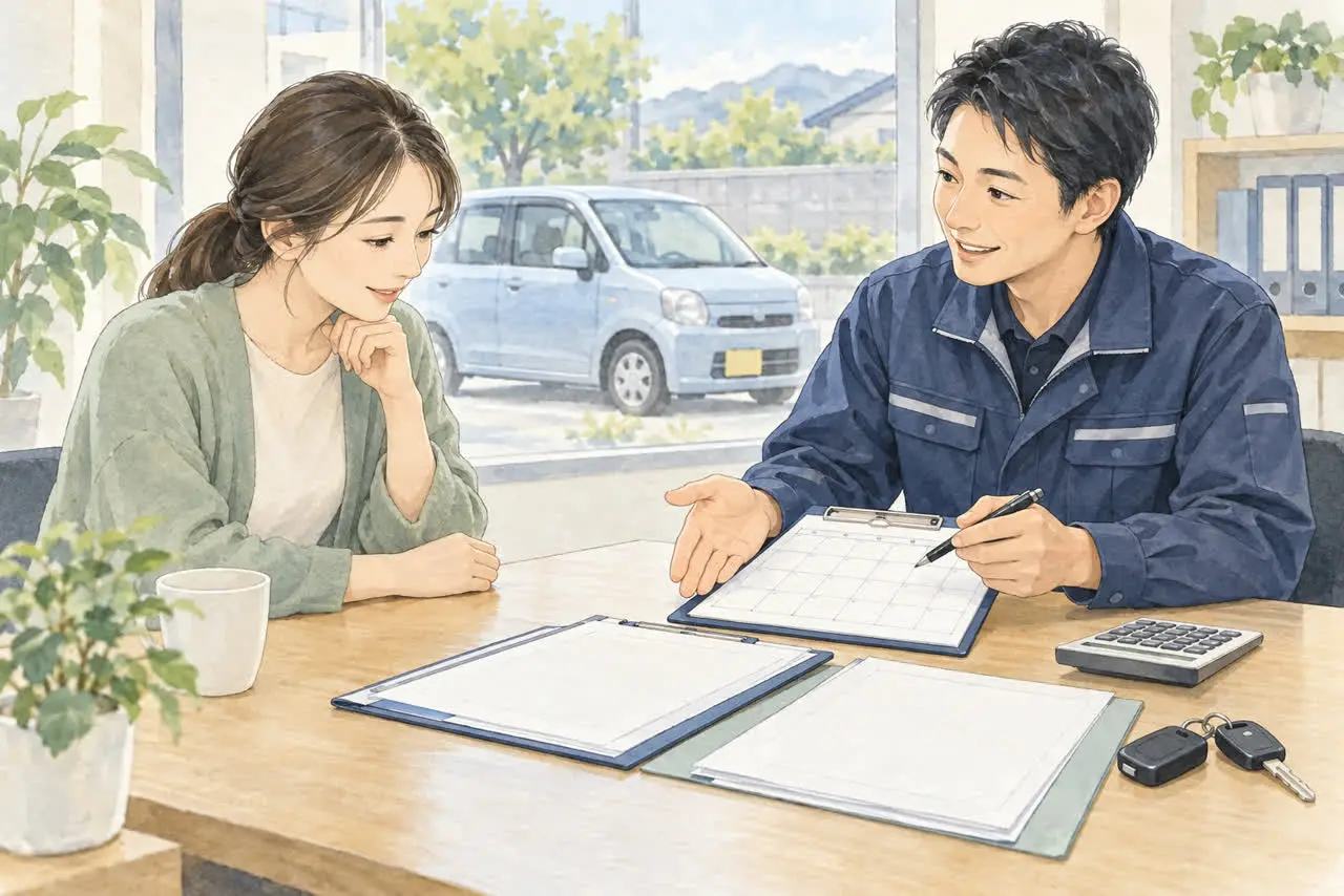 引き取りの費用と日程をスタッフと相談するイラスト