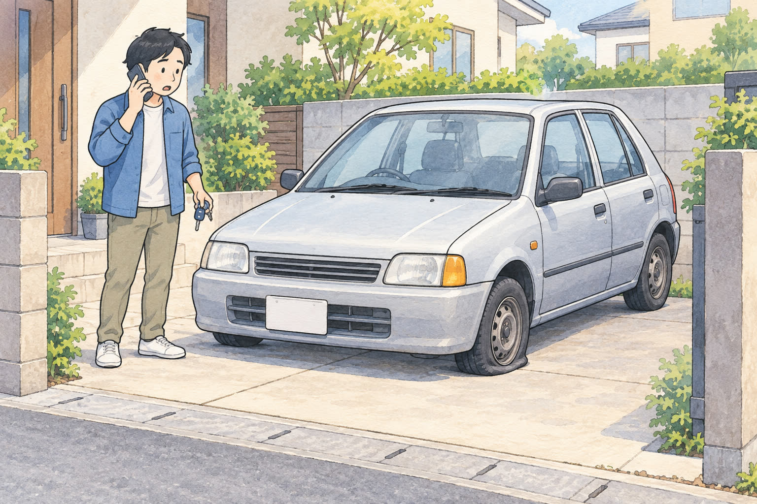 車のタイヤや駐車場所の状況を電話で伝えるイラスト