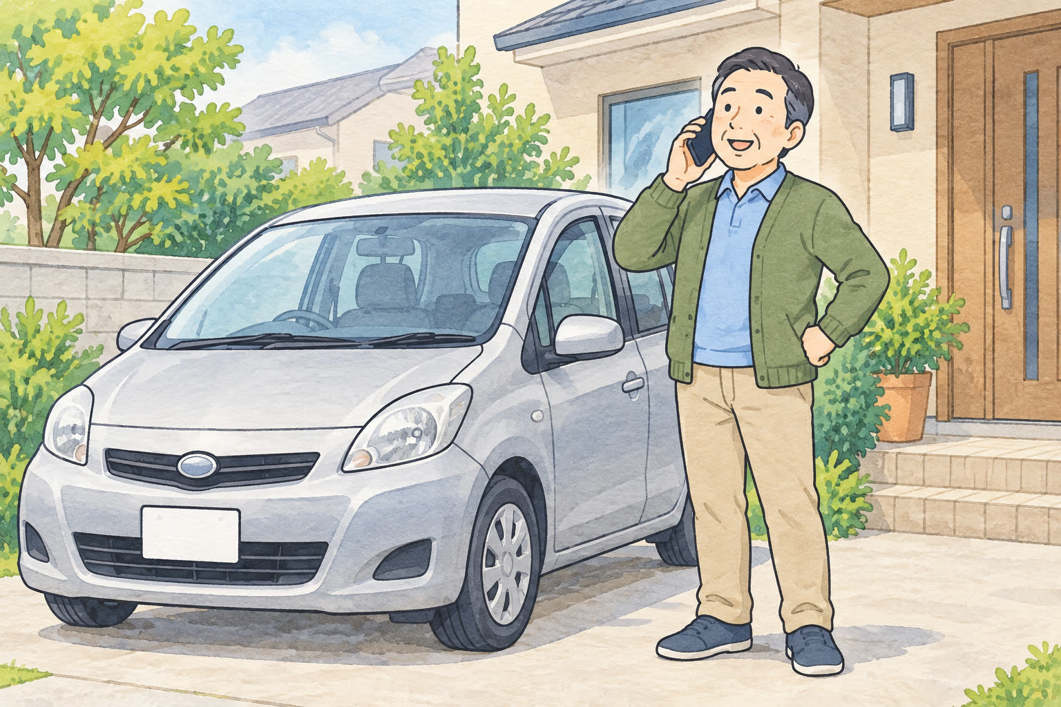 エンジンがかからない車の引き取りを電話で相談するイラスト