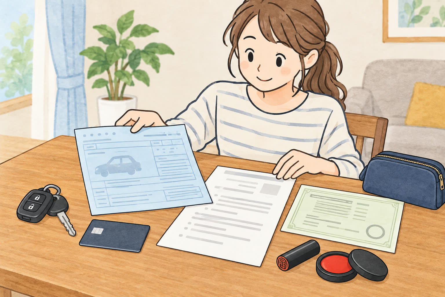 廃車に必要な書類や鍵、車内の持ち物を確認するイラスト