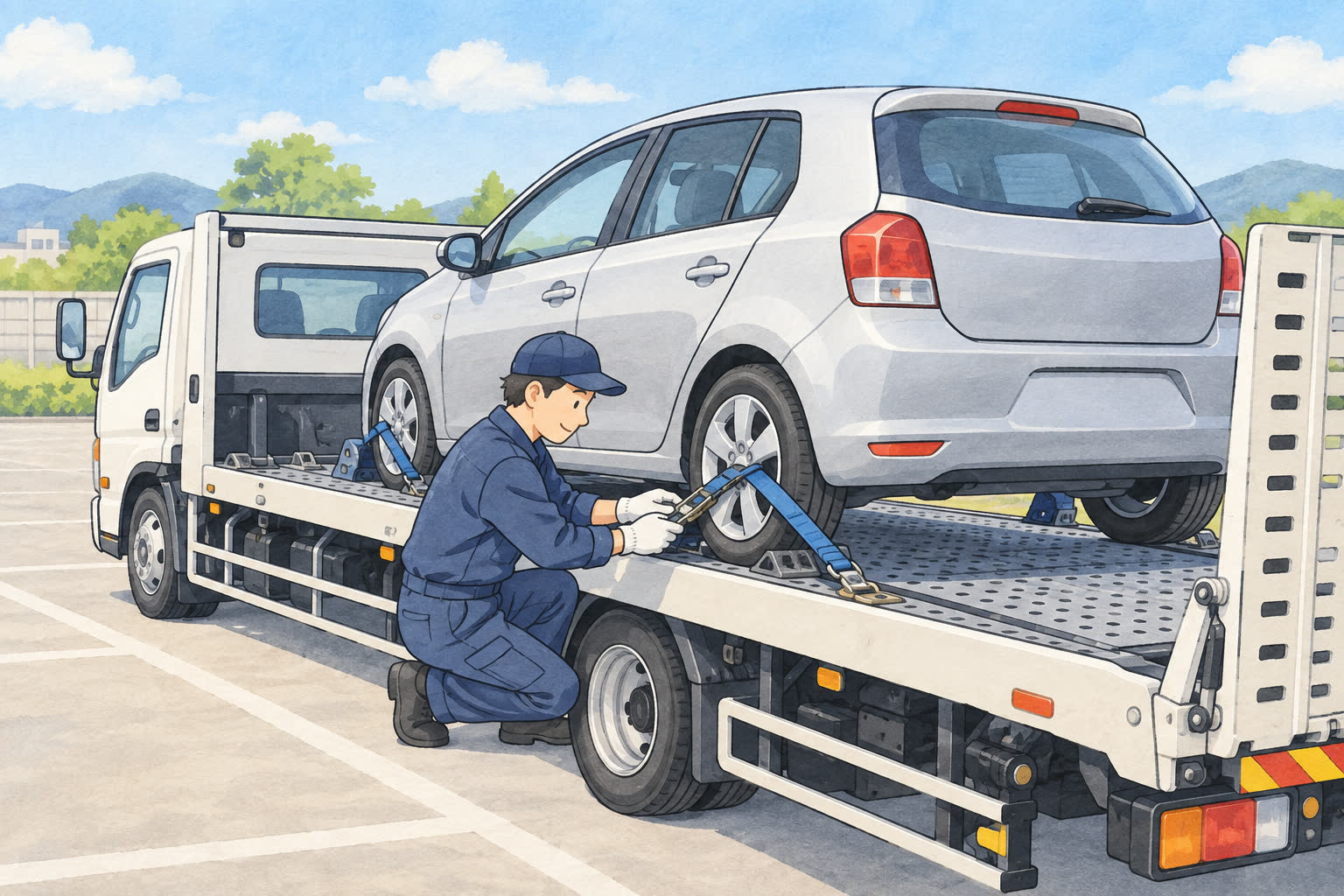 積載車に載せた車をスタッフが固定するイラスト