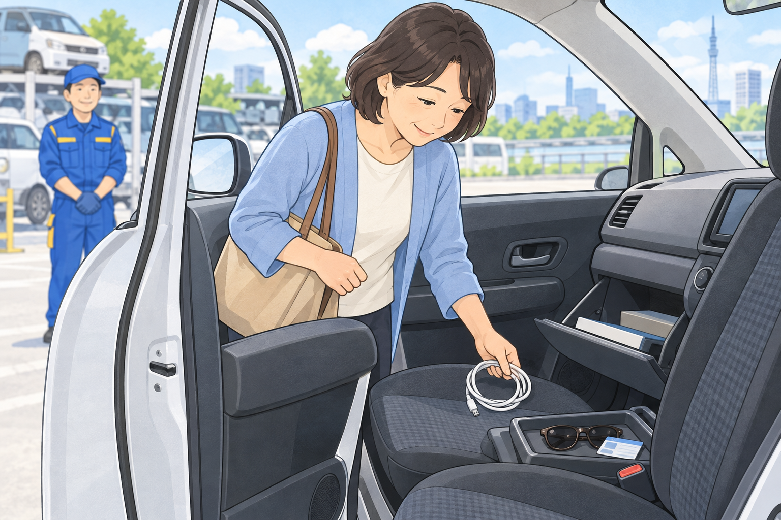 引き渡し前に車内の充電ケーブルやカードなどの忘れ物を確認するイメージ