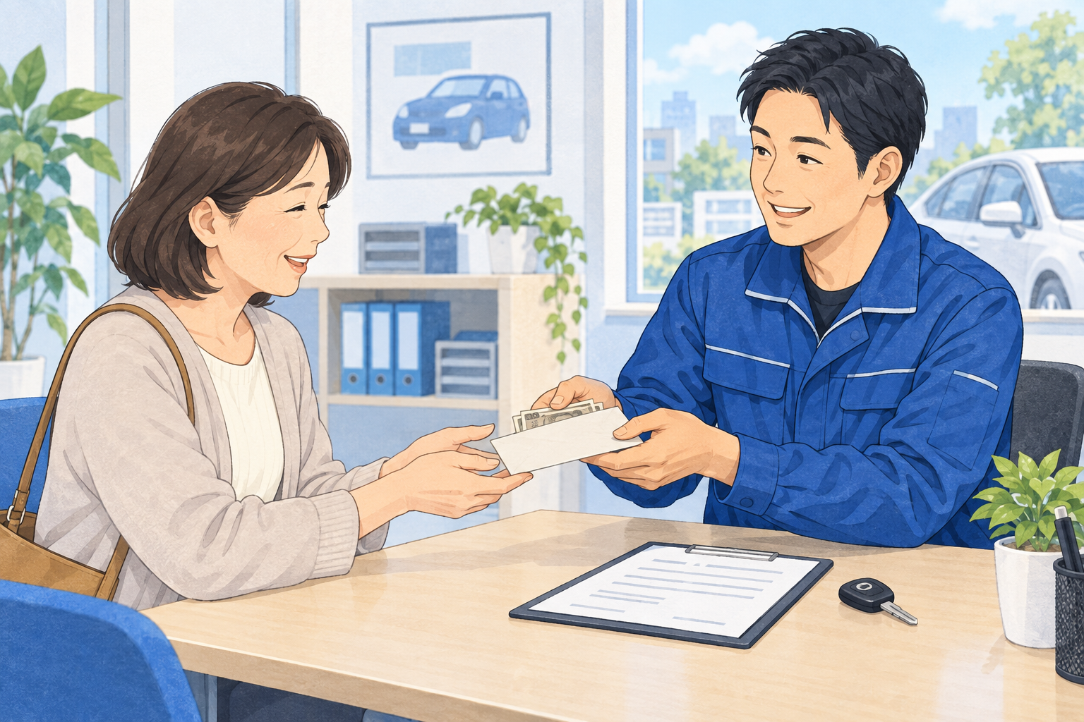 査定内容を確認したお客様へ、スタッフが現金をお渡しするイメージ