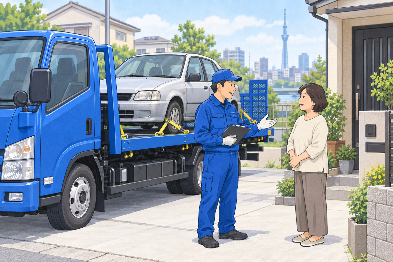 積載車に車を載せ、スタッフがお客様へ引き取りの説明をするイメージ