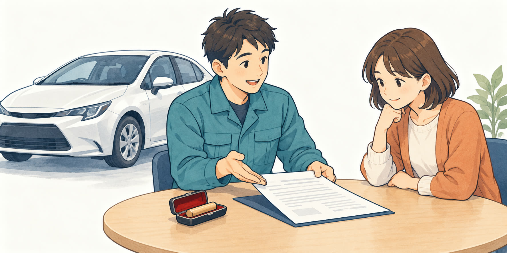 スタッフと廃車手続きの書類を確認するイメージ