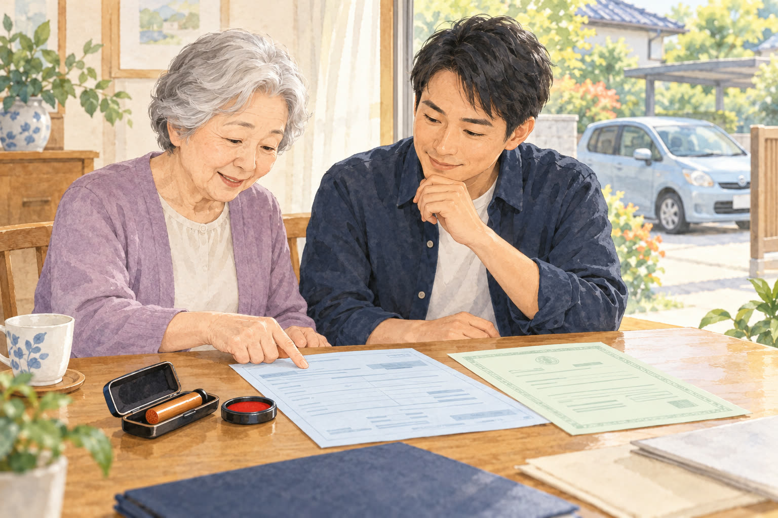 親子で車検証や印鑑証明などの書類を確認するイメージ