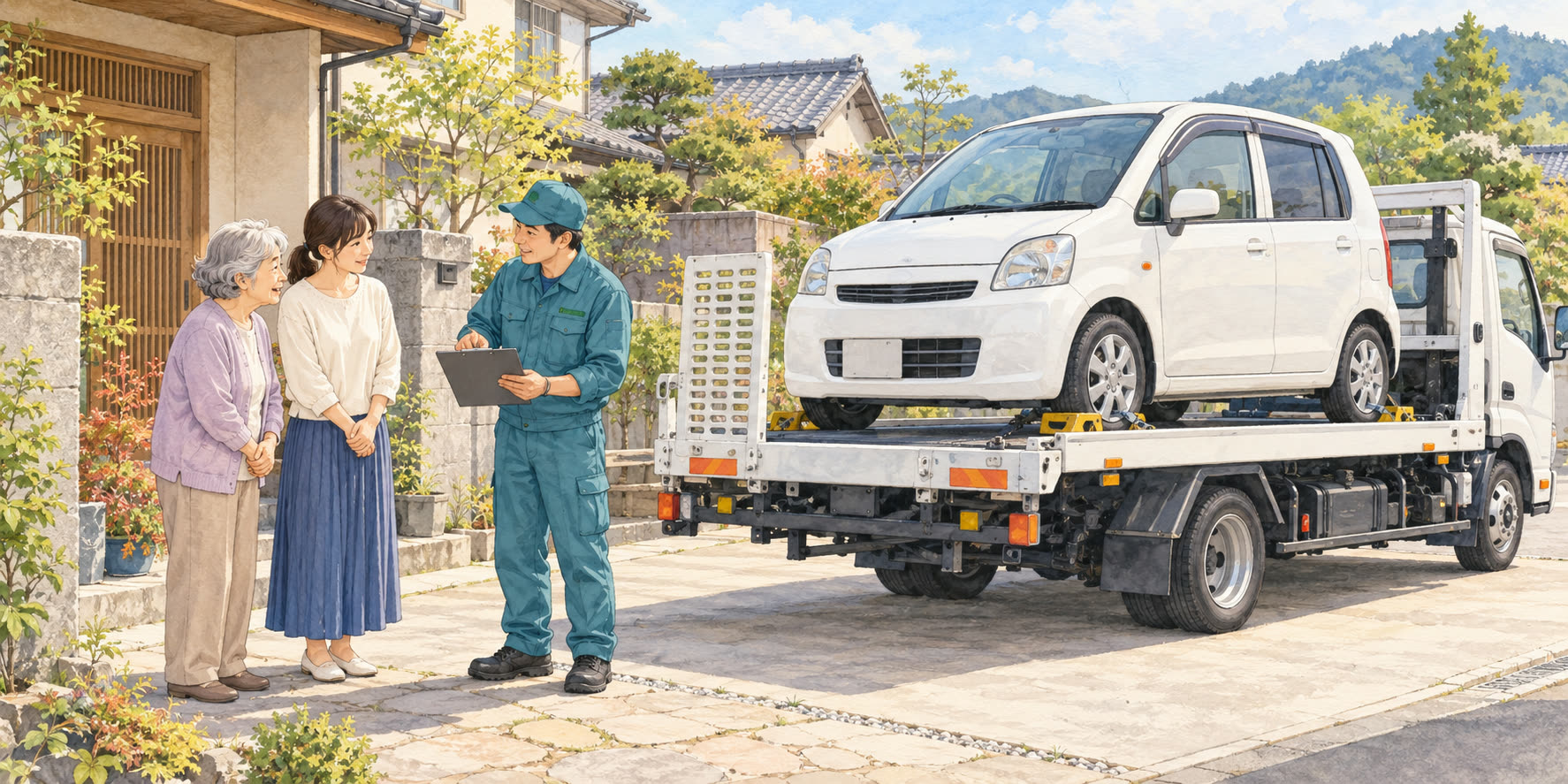 スタッフが親子に説明し、車を積載車で引き取るイメージ