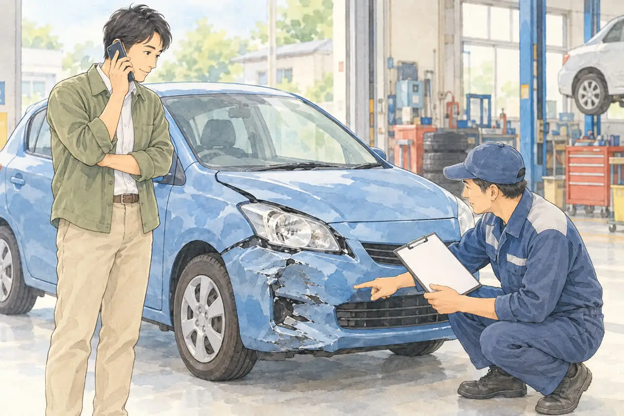 車の損傷を確認し、修理や廃車を相談するイラスト