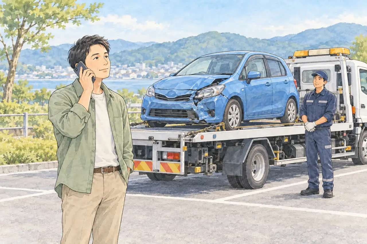 事故車の搬送について保険会社へ連絡するイラスト