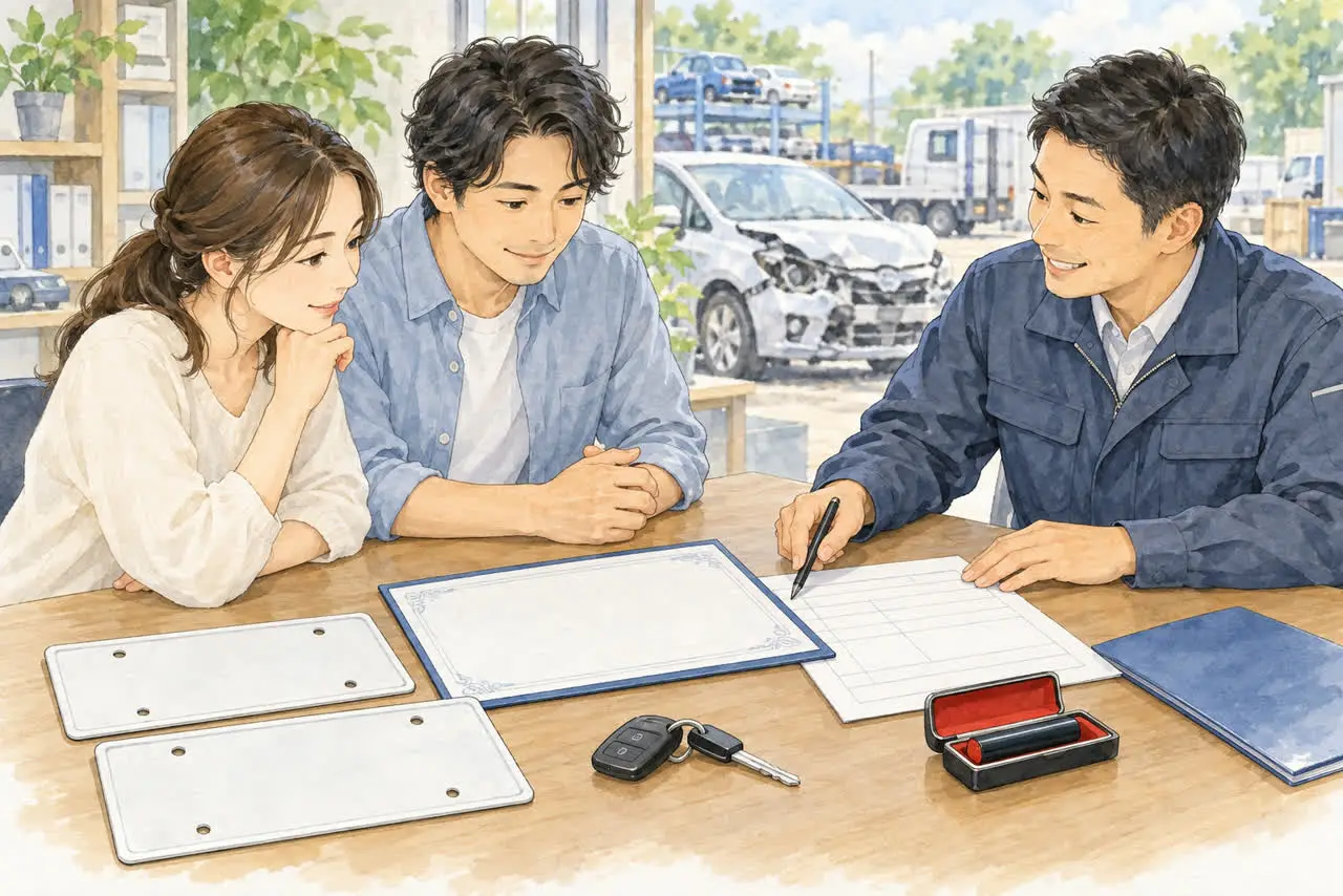 車の処分に必要な書類をスタッフと確認するイラスト