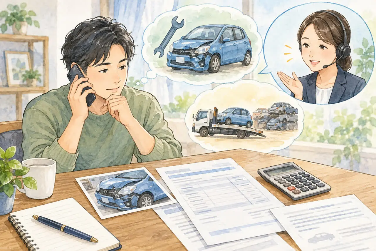 修理見積もりや損傷写真を確認して保険会社に相談するイラスト