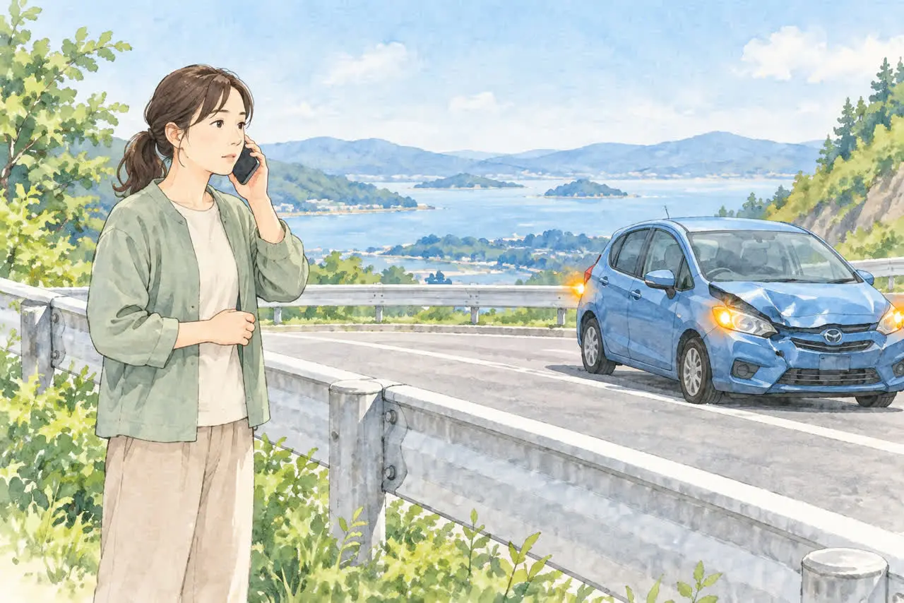 事故後に安全な場所へ避難して電話する人のイラスト