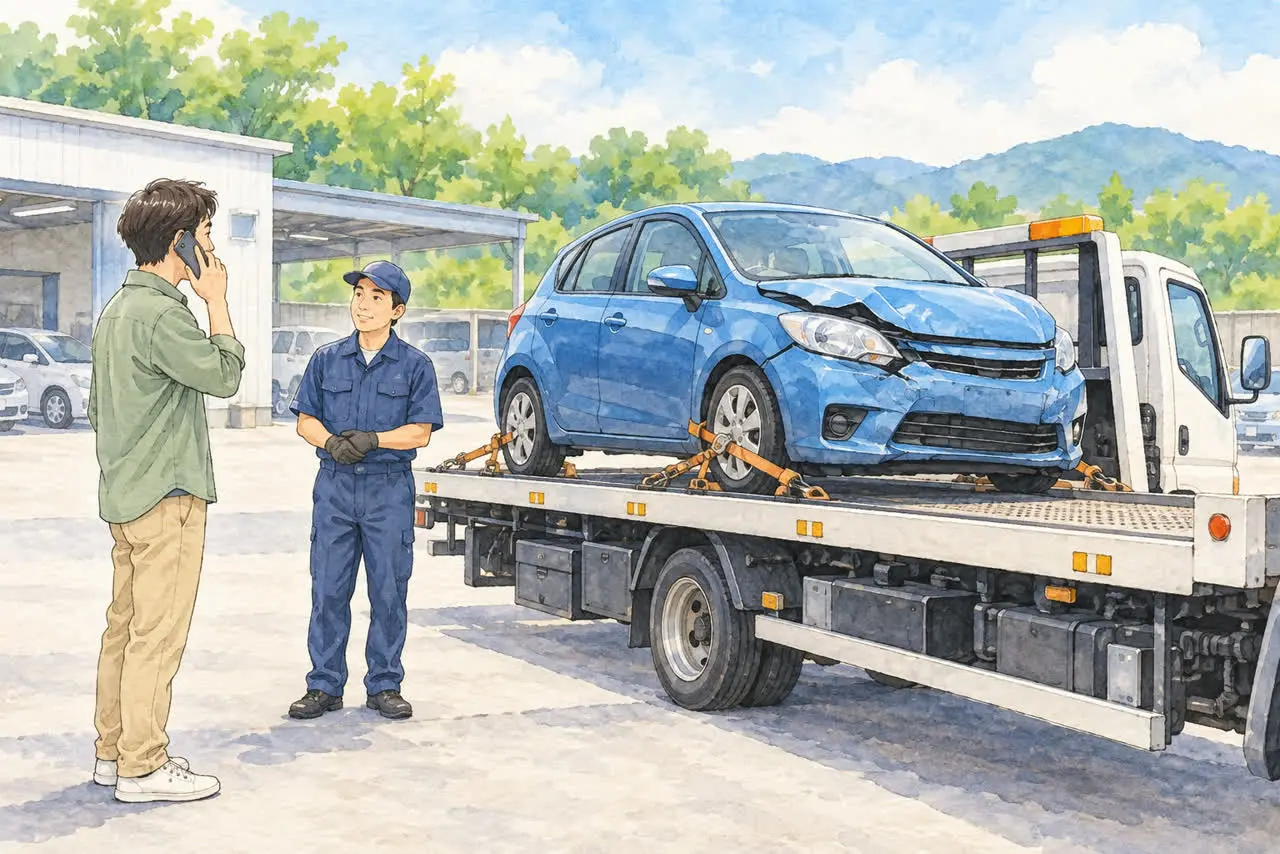 事故車を積載車で搬送し、受け入れ先を相談するイラスト