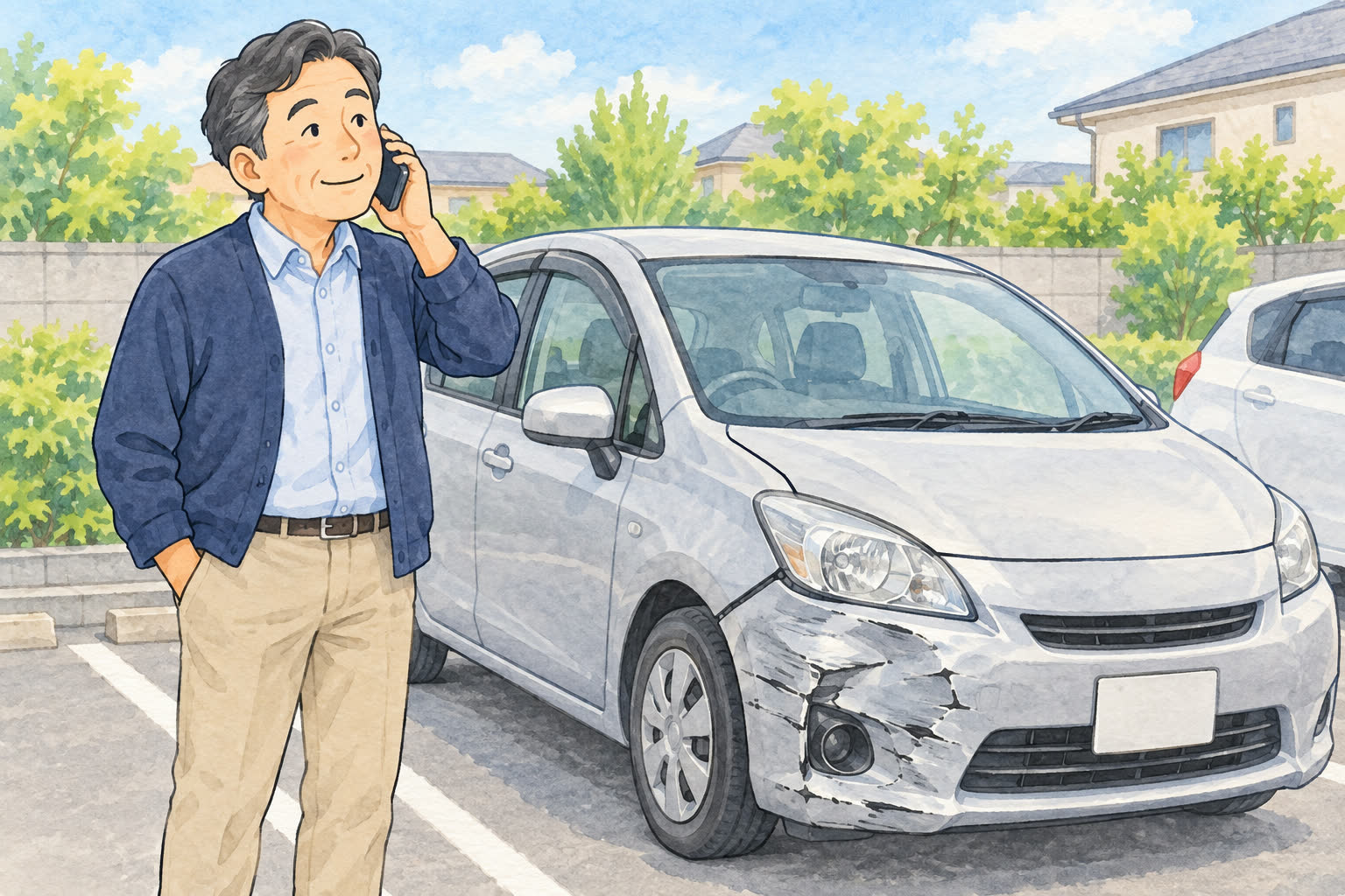 事故車のそばで買取について電話相談するイラスト