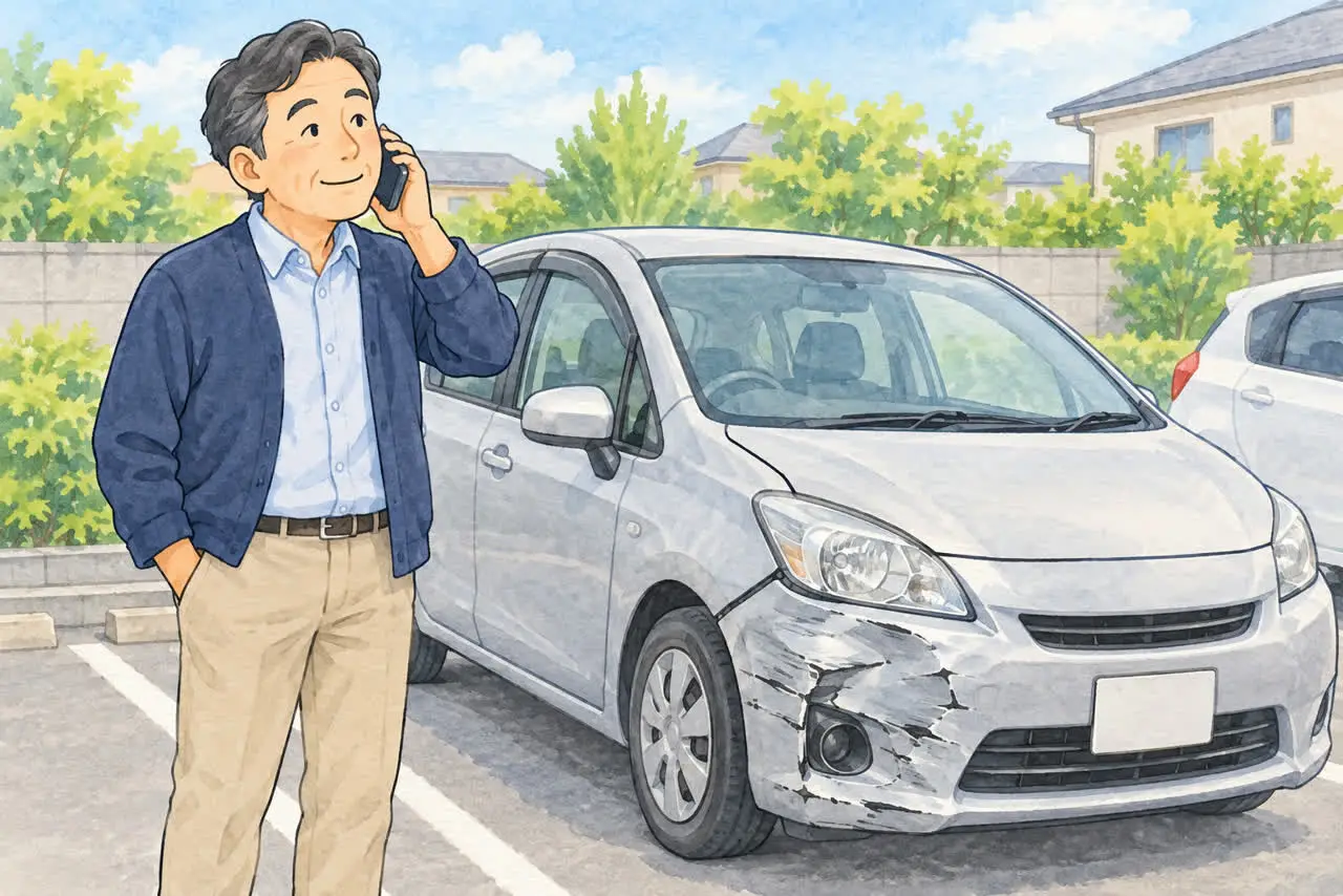 事故車のそばで買取について電話相談するイラスト