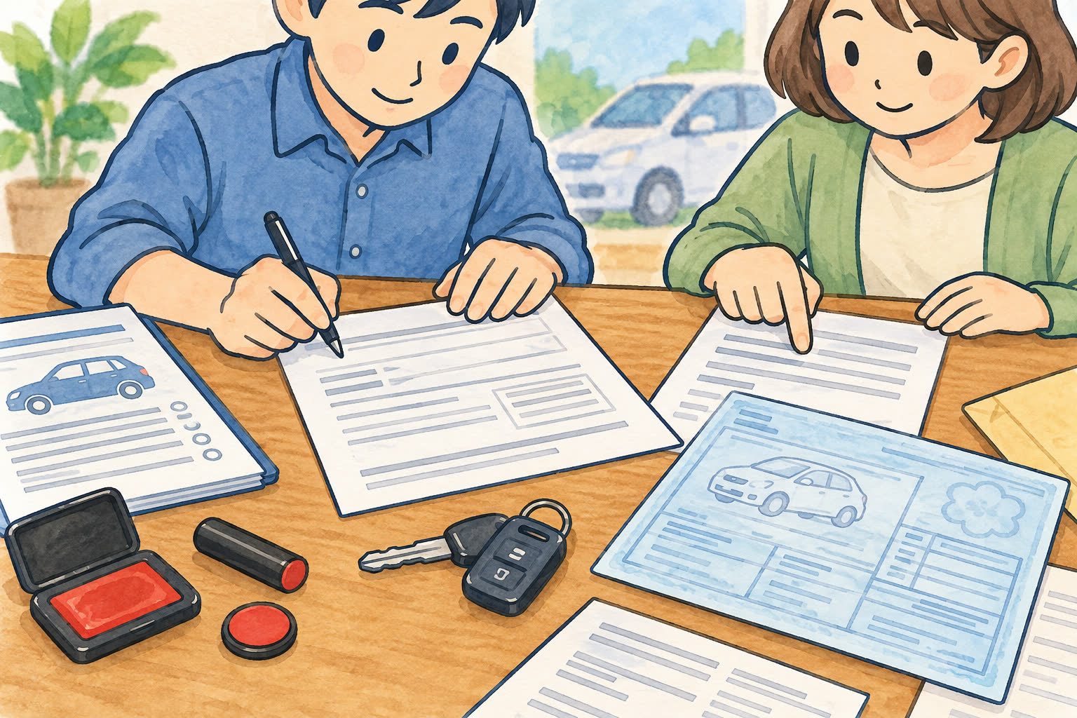 車の譲渡や手続きに必要な書類を確認するイラスト