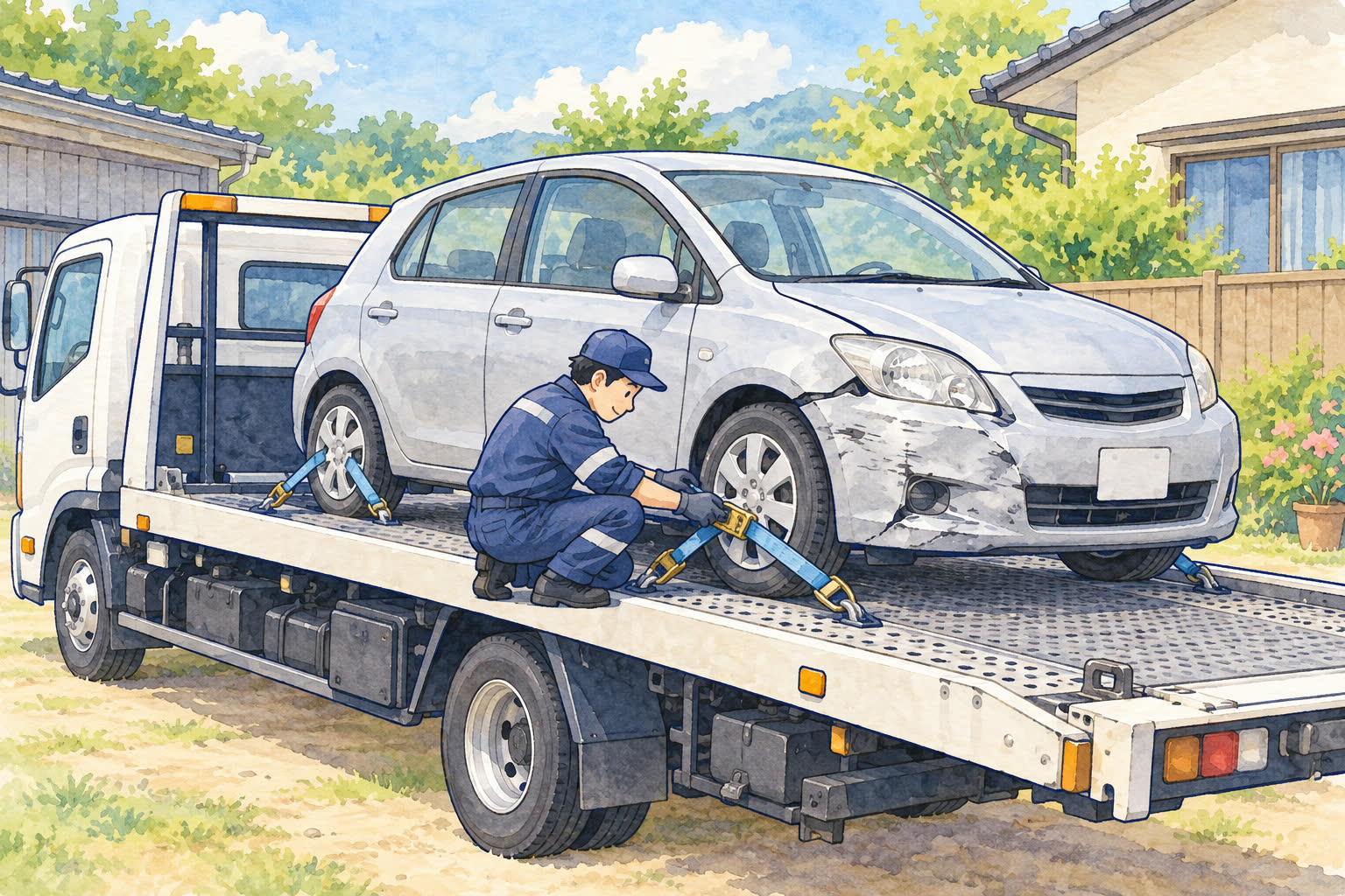 積載車に事故車を載せてスタッフが固定するイラスト
