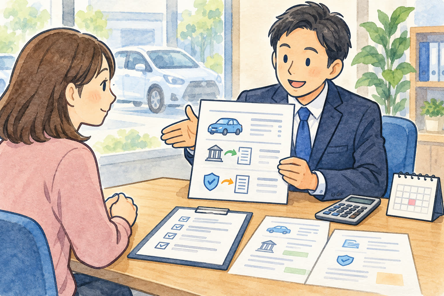 還付金と返戻金を含む買取価格について説明を受けるイラスト