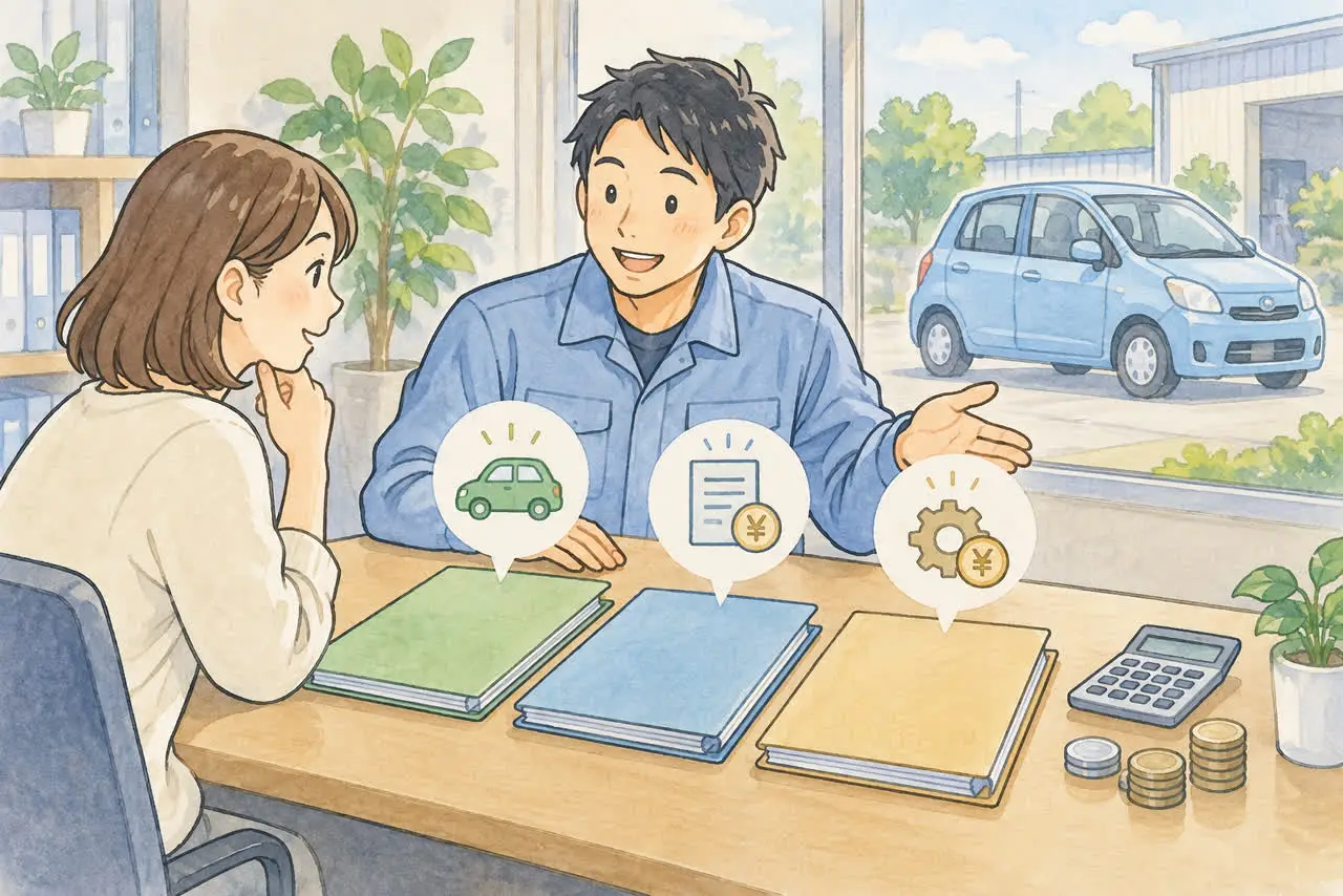 税金と自賠責保険の違いをスタッフと確認するイラスト
