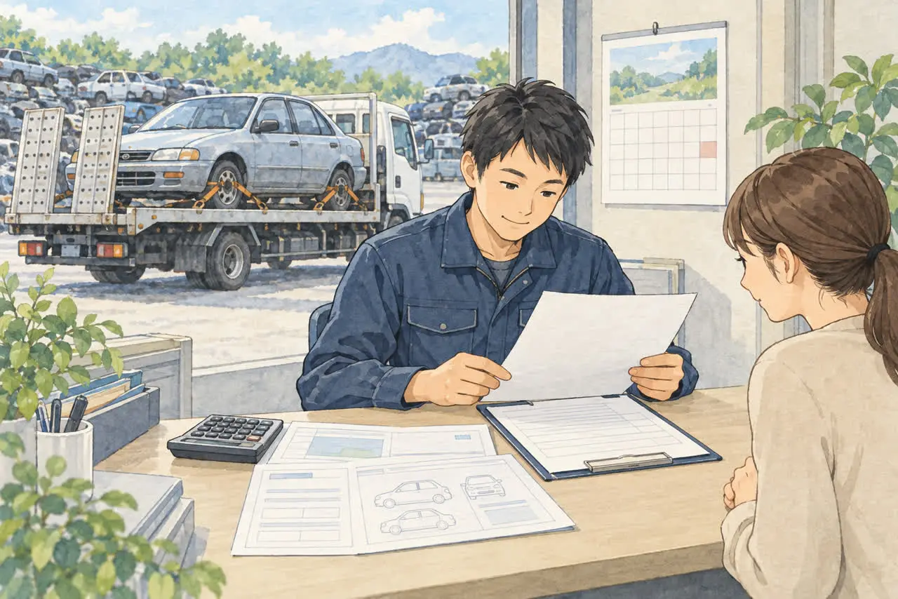 解体と車検期間の書類を確認するイラスト