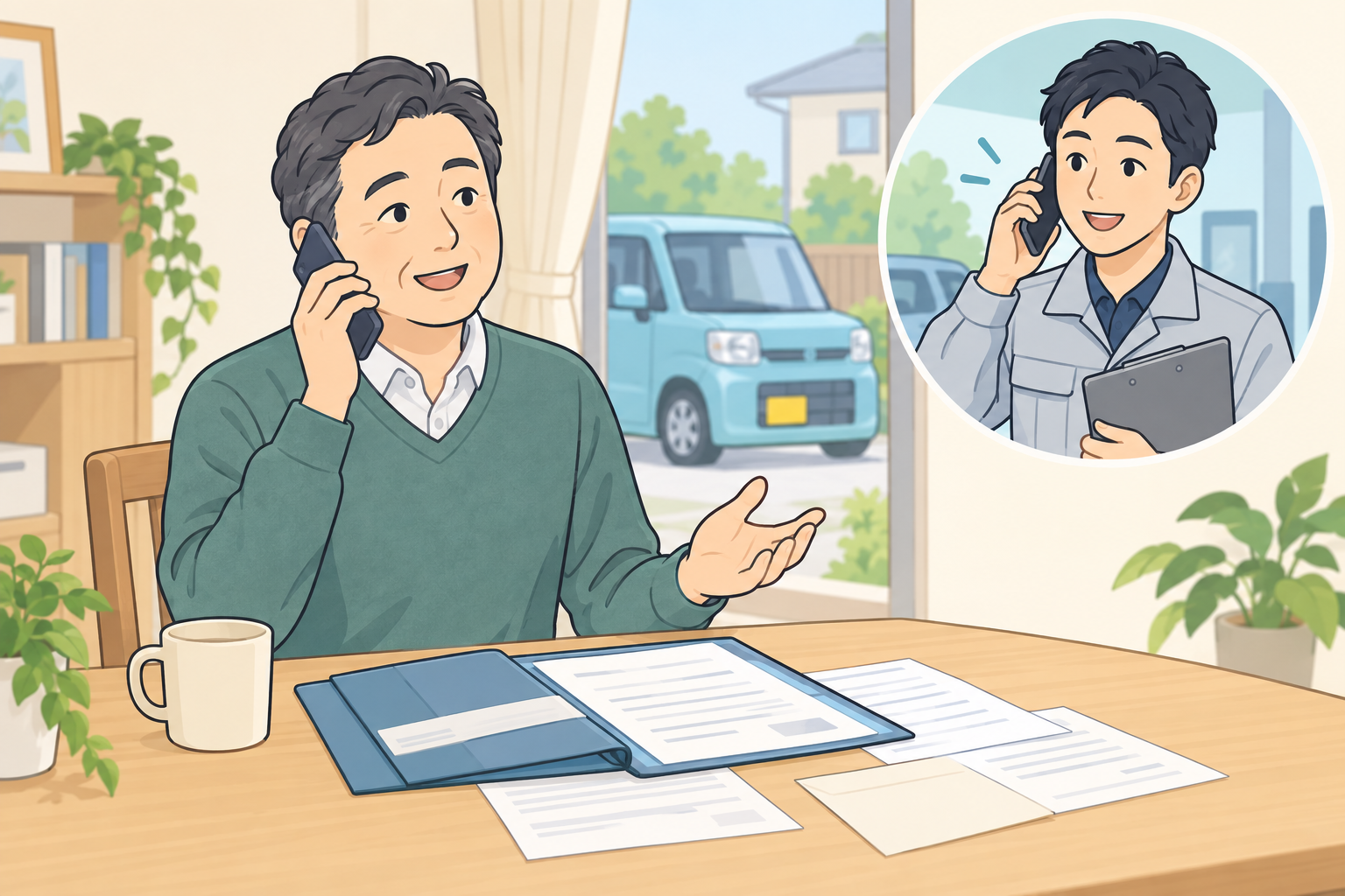 手元の書類を確認しながら電話で相談するイメージ
