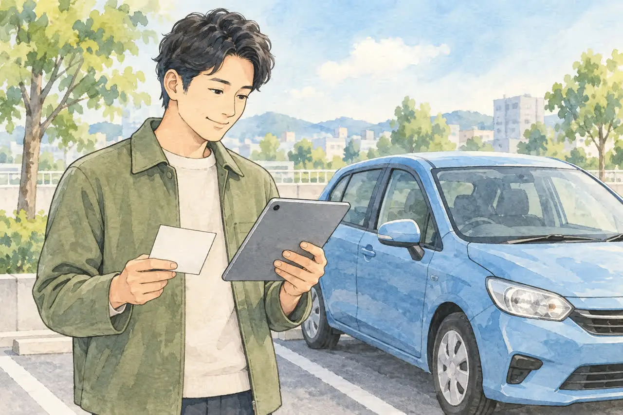 車検証とアプリで所有者を確認するイラスト