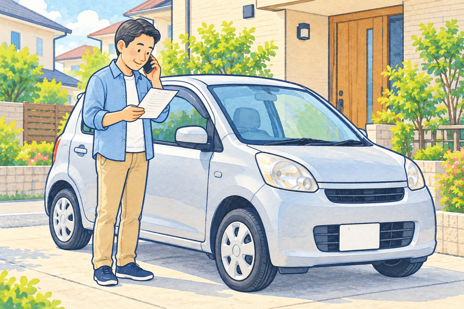 私有地に停めた車の廃車について電話で相談するイメージ