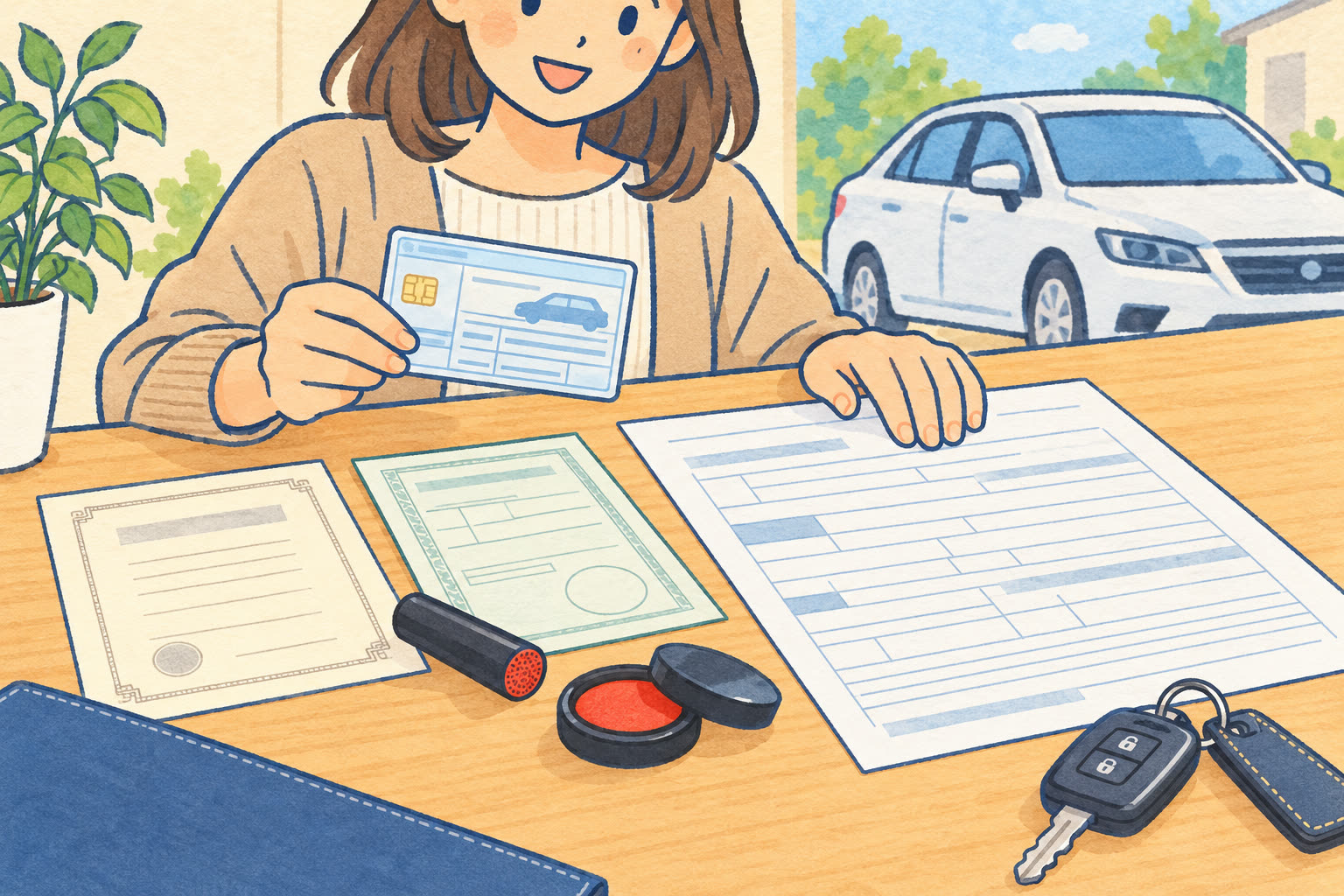 車検証や印鑑登録証明書などの必要書類を確認するイメージ