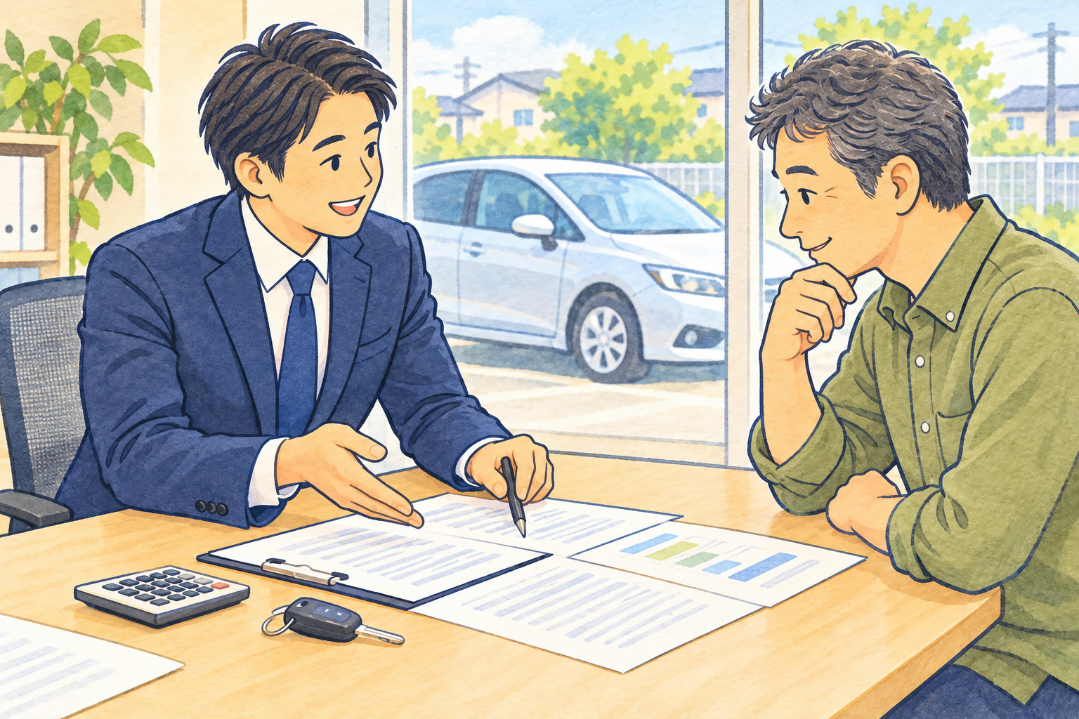 廃車手続きと保険の解約について担当者と確認するイメージ