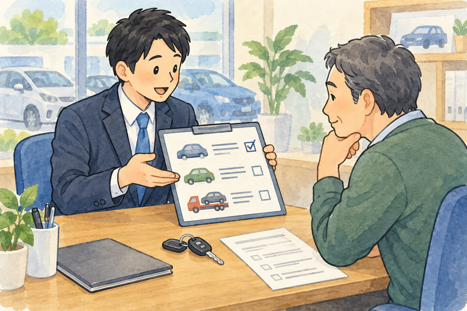 車検証を紛失した場合の手続きを相談するイラスト