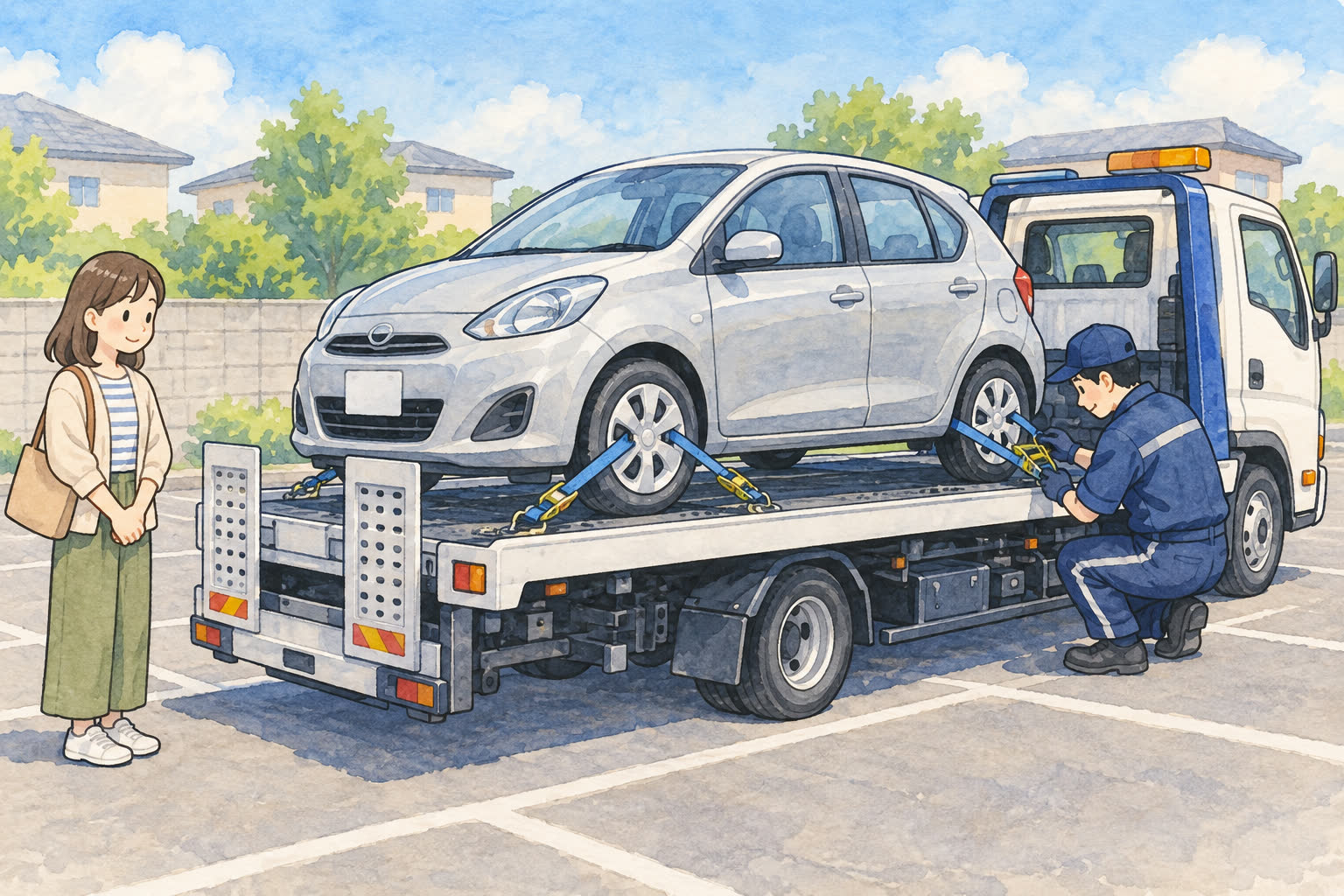 積載車で車を引き取るイラスト