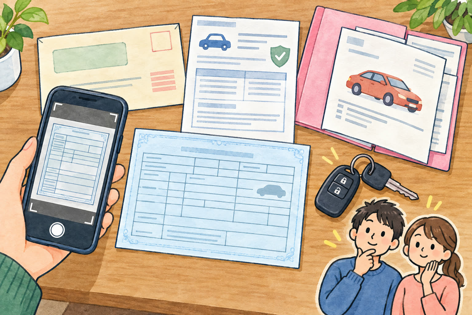 車検証の写真や保険書類などの参考資料を確認するイラスト