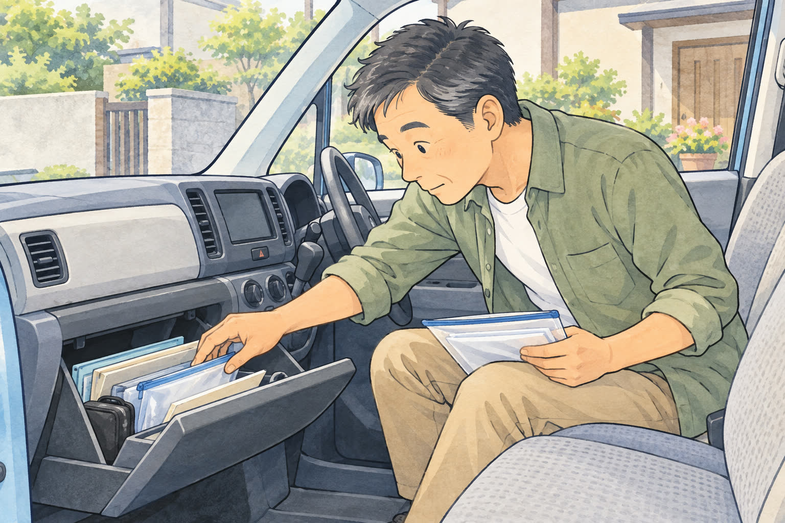 停車中の車で車検証の保管場所を確認するイラスト
