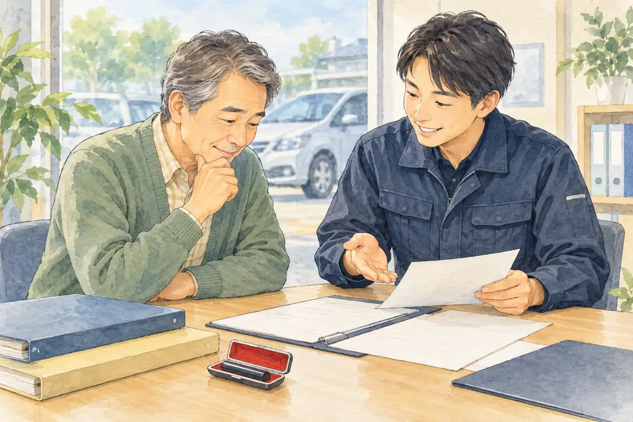 相続と廃車に必要な書類をスタッフに相談するイラスト