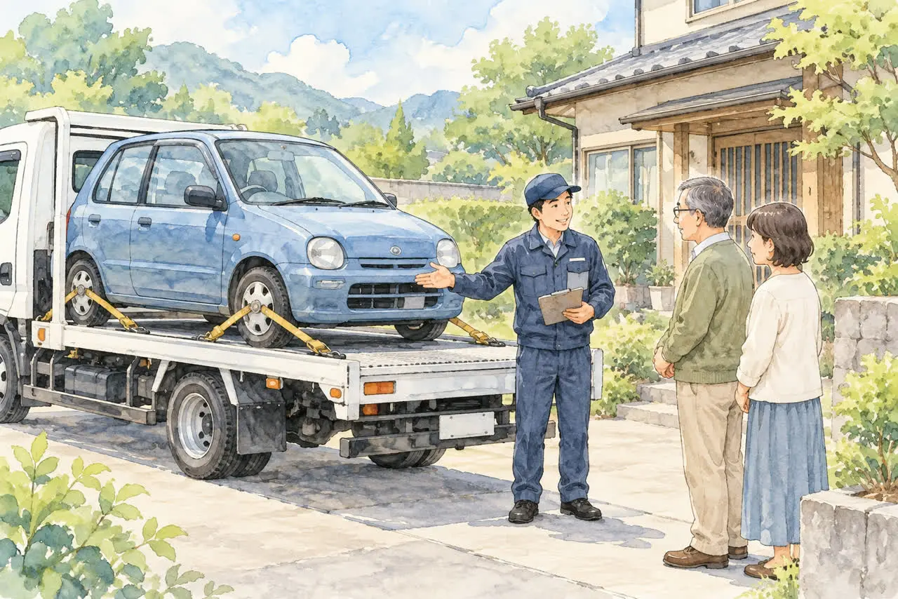 実家の車を積載車で引き取るイラスト