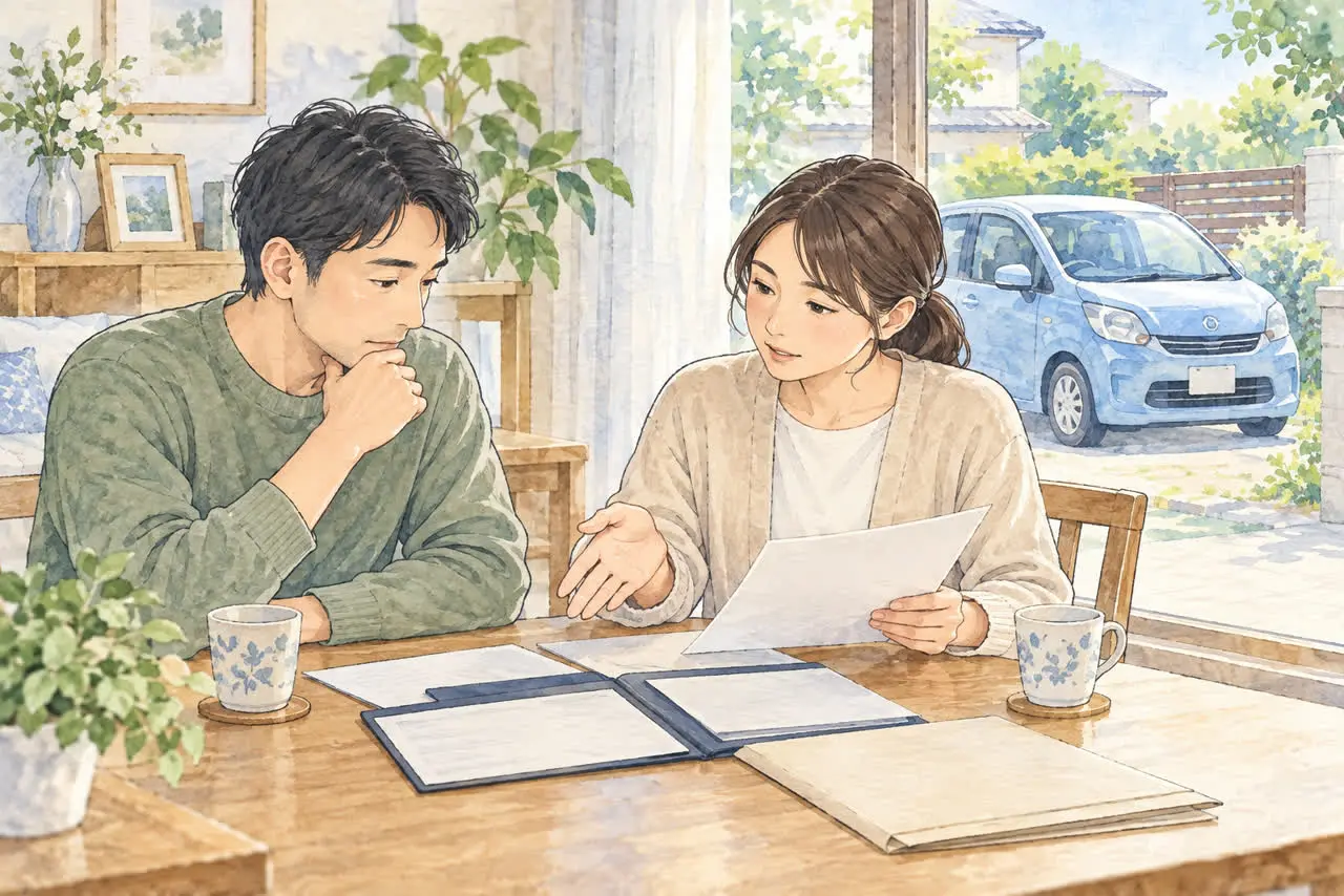 家族で車の相続と処分について話し合うイラスト